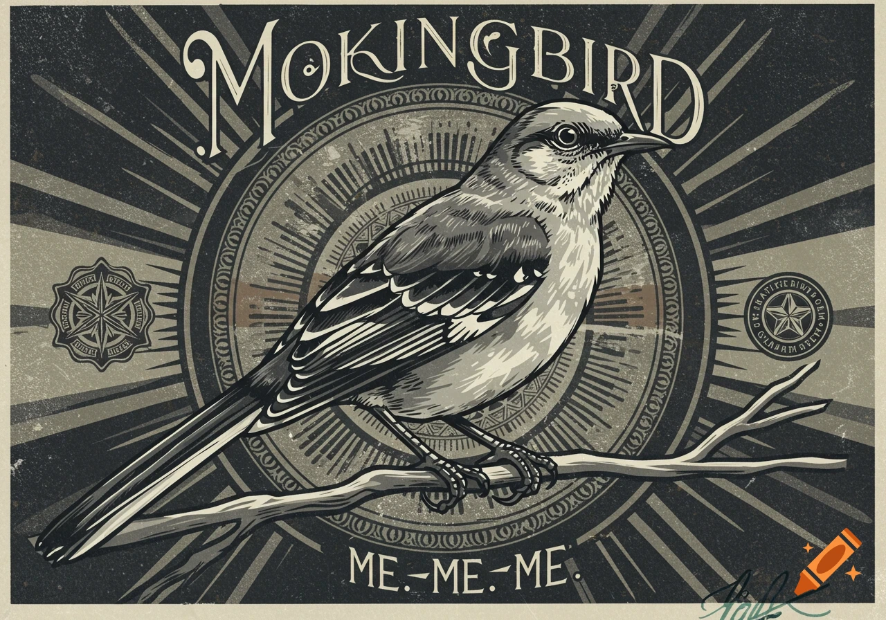 Stylized graphic illustration of a mockingbird on a branch, with text "MOKINGBIRD" and "ME. ME. ME." in a distressed, dark gray and white aesthetic.