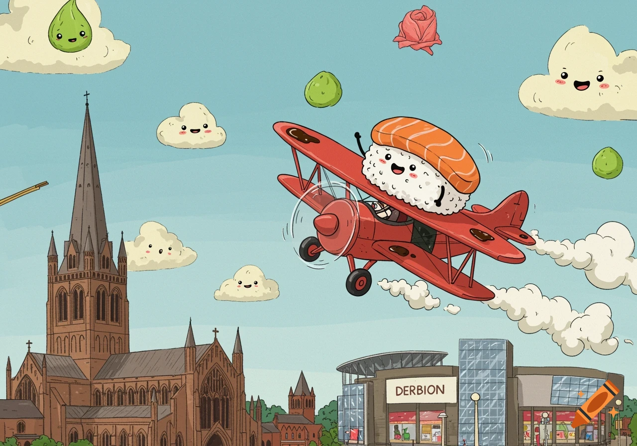 A cute cartoon sushi character pilots a red biplane over a city featuring a cathedral and a 'Derbion' building, with smiling clouds and food items.
