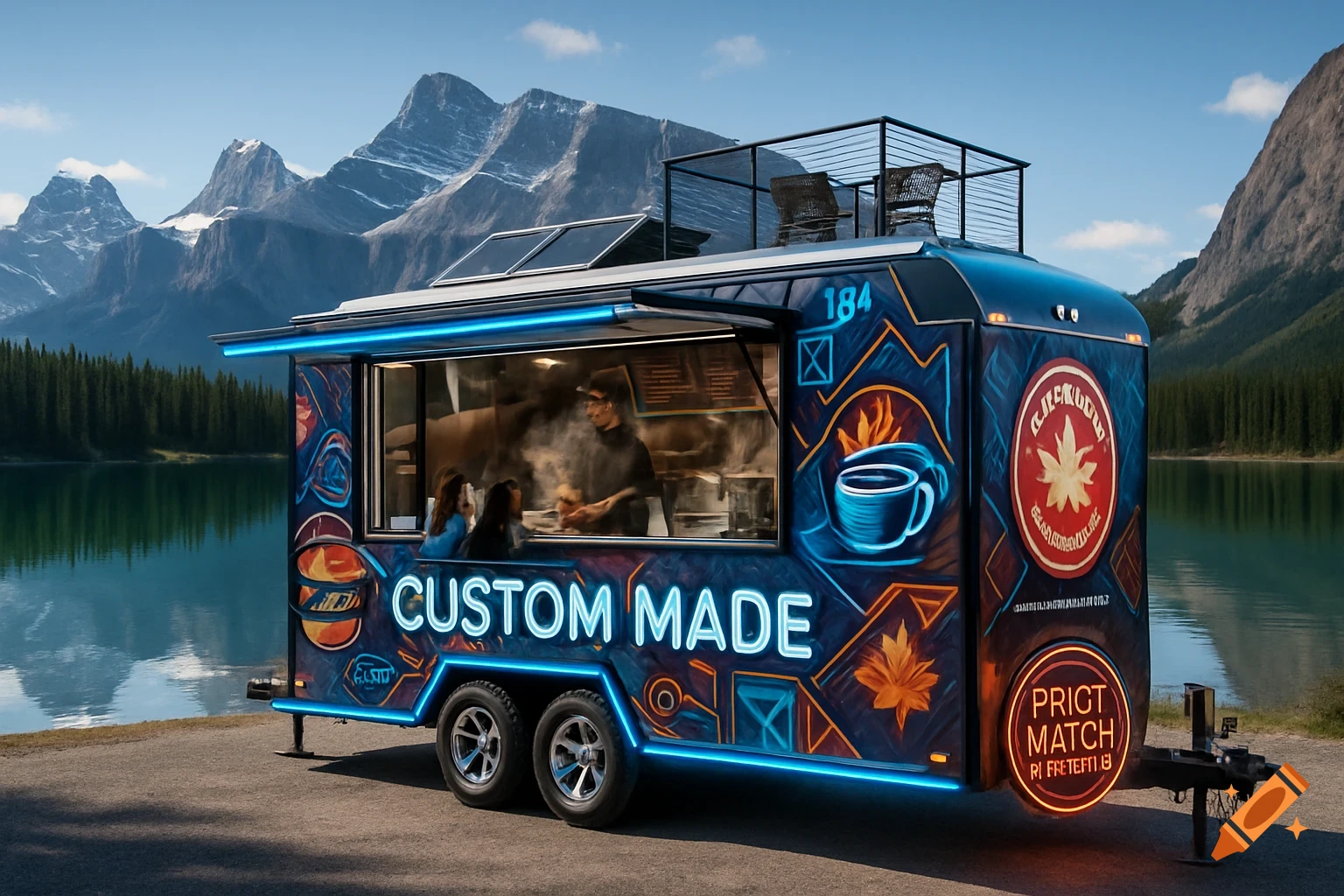 A custom food truck with blue neon lights and glowing signs, featuring a chef cooking inside, parked by a scenic mountain lake.