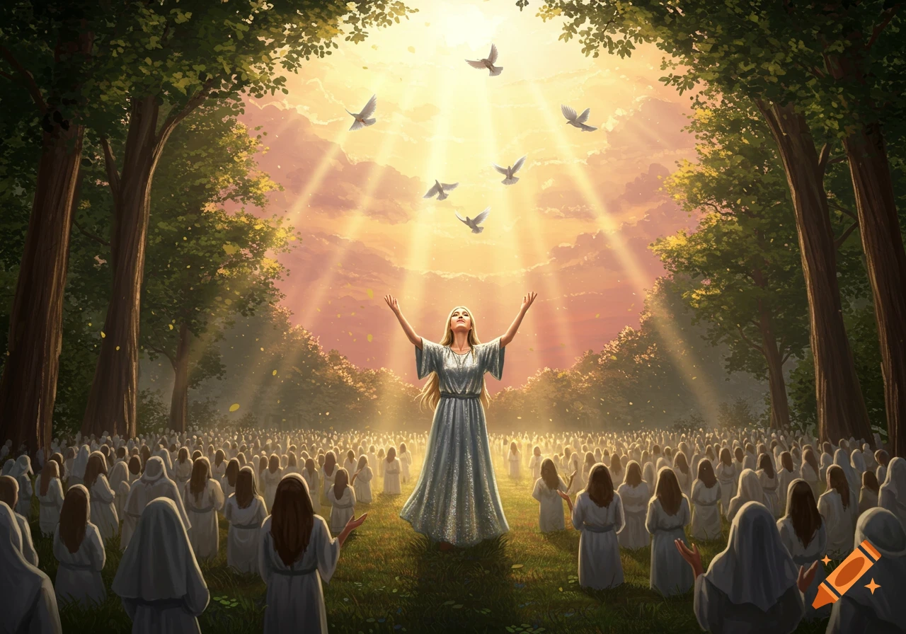 A woman in a flowing dress with arms raised leads a large crowd of robed figures in a grassy field under a sunlit sky with flying doves.