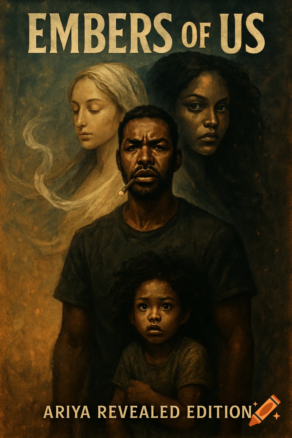 A dramatic poster titled "Embers of Us" featuring a man with a cigar, a child, and two women in a painterly style.