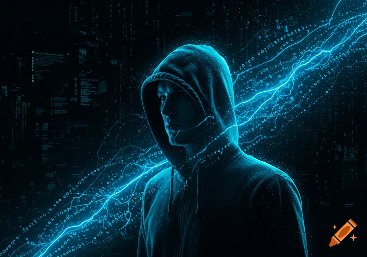 A person in a dark hoodie stands against a black background with glowing blue lines of digital code and numbers.