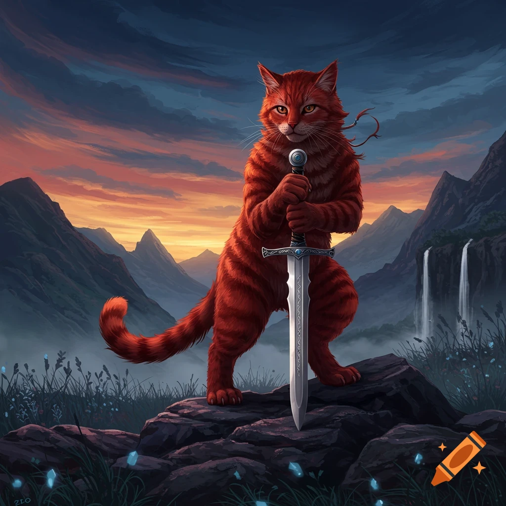 A majestic red tabby cat stands on a rock holding a large sword, with mountains and waterfalls in the background at sunset.