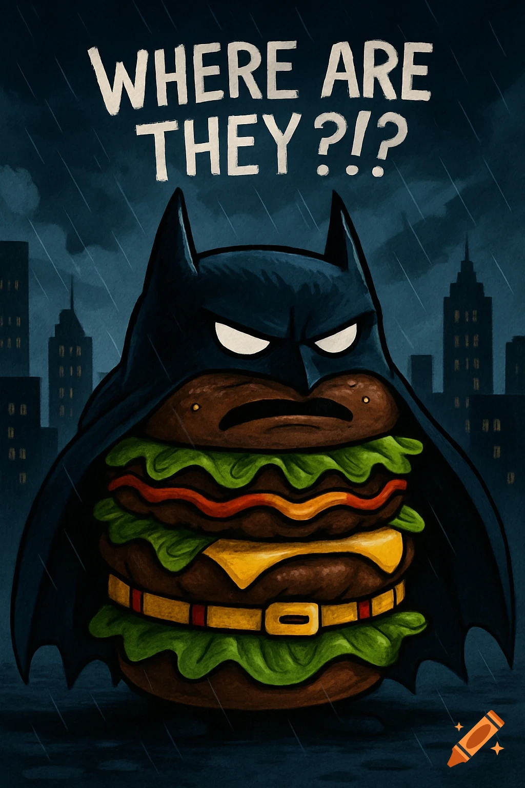 Cartoon Batman-themed cheeseburger in a rainy city at night, with 'WHERE ARE THEY?!?' text above.