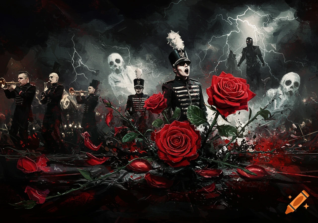 Dark abstract painting of a band in military uniforms with red roses, ghostly figures, and lightning in a stormy sky.