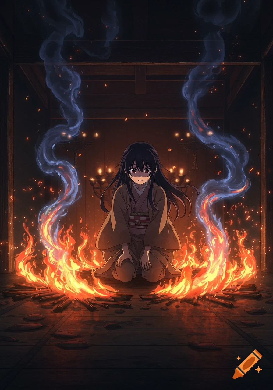 An anime girl with long dark hair kneels in a room, surrounded by bright orange flames and swirling blue smoke, looking distressed.