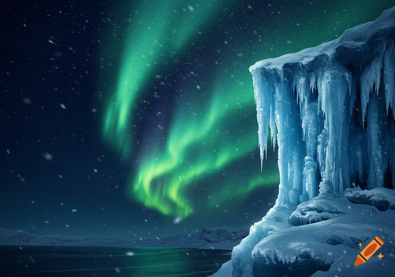 Green aurora borealis lights up a night sky over a snowy landscape with an icy cliff covered in large icicles.