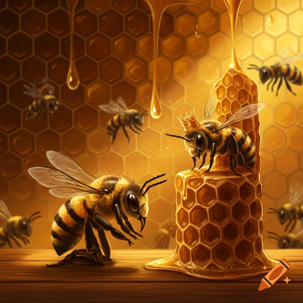 A crowned queen bee on a honey column watches another bee kneeling below, with a honeycomb background and dripping honey.
