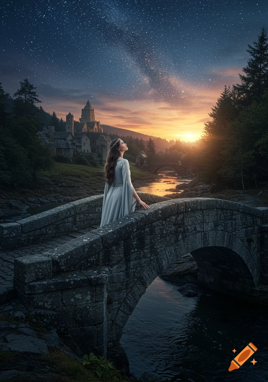 A young woman in a flowing dress stands on an ancient stone bridge, gazing at a starry twilight sky with a castle and river in the background.
