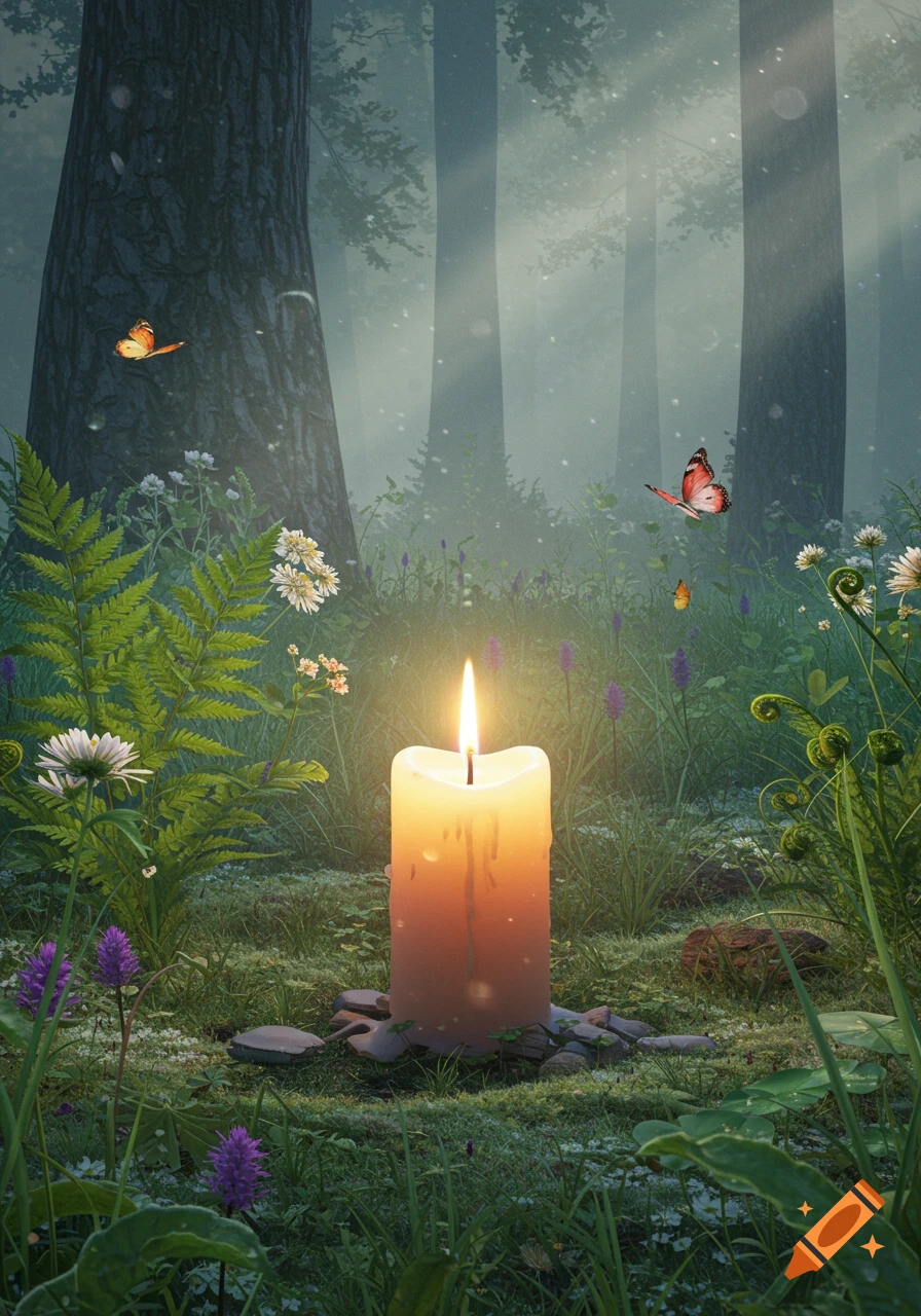 A lit candle sits on a mossy forest floor, surrounded by green ferns, wildflowers, and flying butterflies, with light filtering through misty trees.