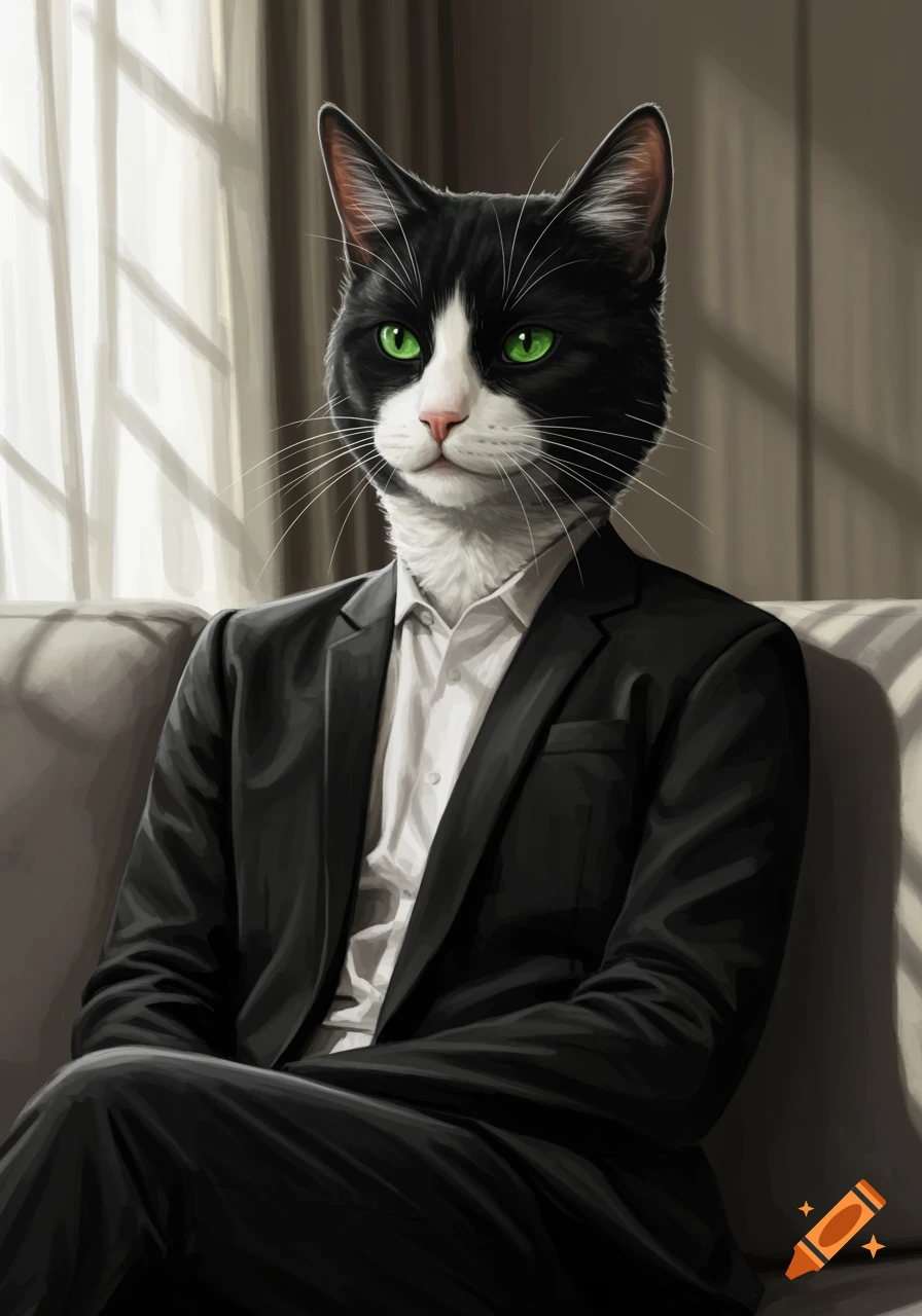 A realistic humanized black and white tuxedo cat with green eyes, wearing a black suit and white shirt, sitting on a gray sofa.