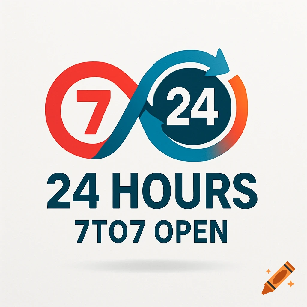 A logo featuring an intertwined red and blue infinity symbol with numbers '7' and '24', and text '24 HOURS 7TO7 OPEN' below it.