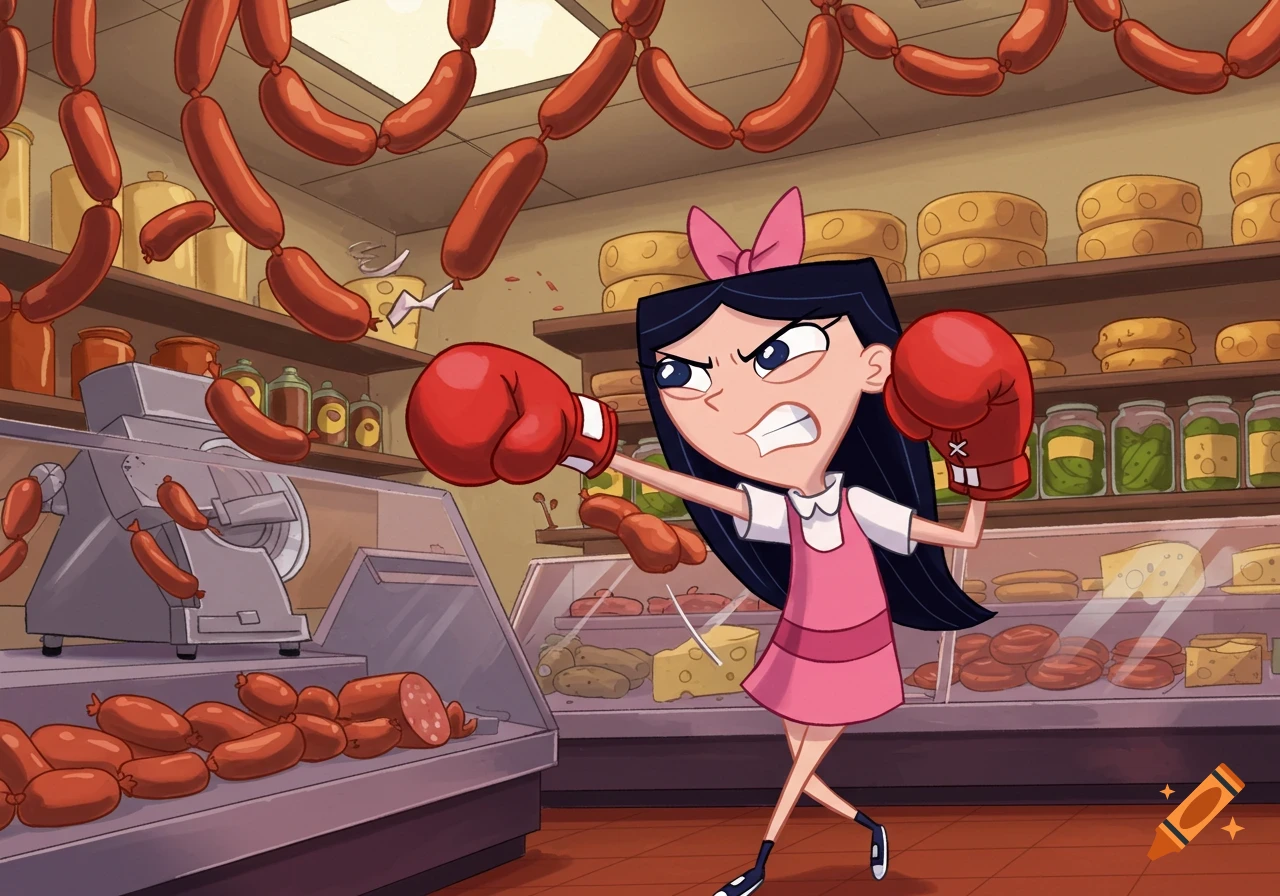 Cartoon of Isabella from Phineas and Ferb, wearing red boxing gloves, punching sausages in a deli.