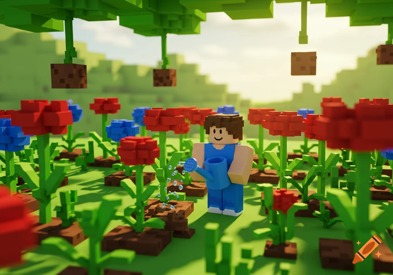 A blocky character similar to Roblox watering a garden with red and blue flowers under green block trees.