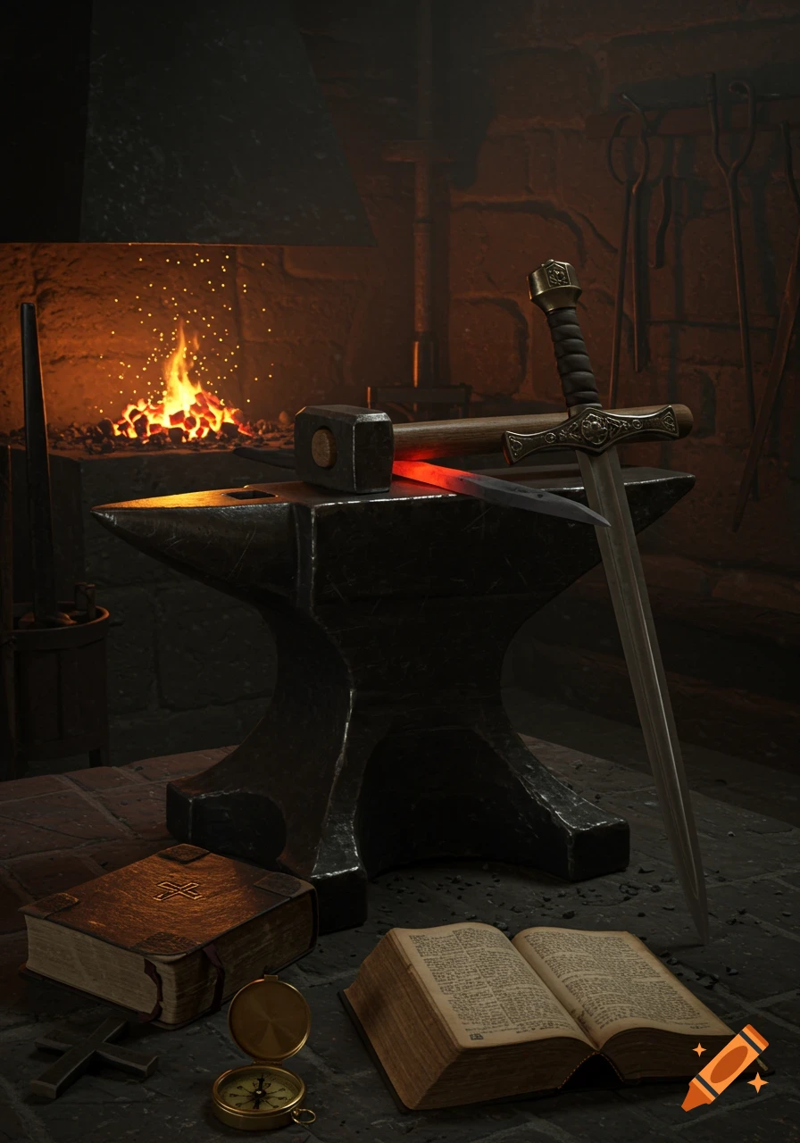 A blacksmith's forge with a glowing fire, an anvil, hammer, sword, and old books and a compass on the stone floor.