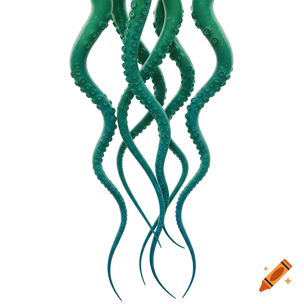 Green and blue tentacles with suckers intertwine against a white background.