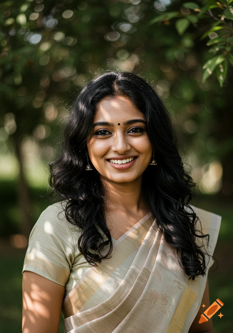 A smiling Indian woman with long dark hair, wearing a traditional light-colored sari, stands outdoors.