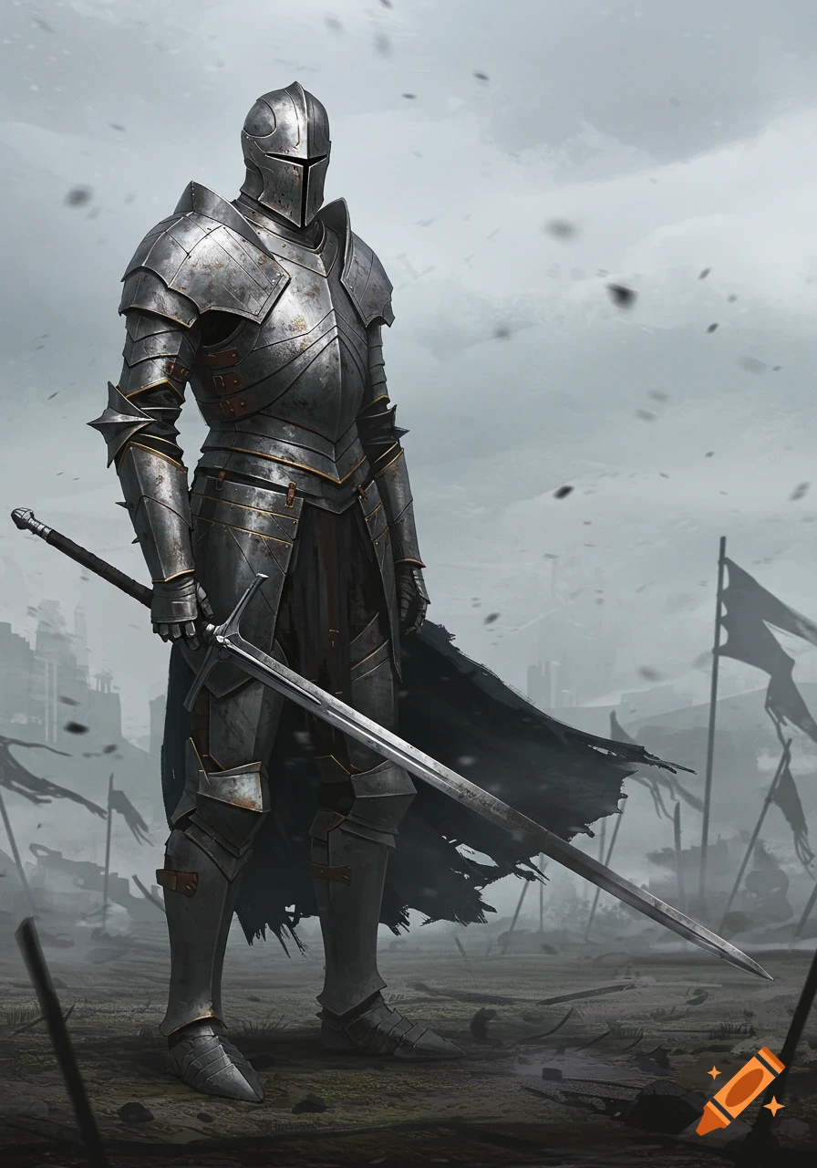 A knight in weathered steel armor and a dark cape stands in a desolate, war-torn landscape, holding a large sword.