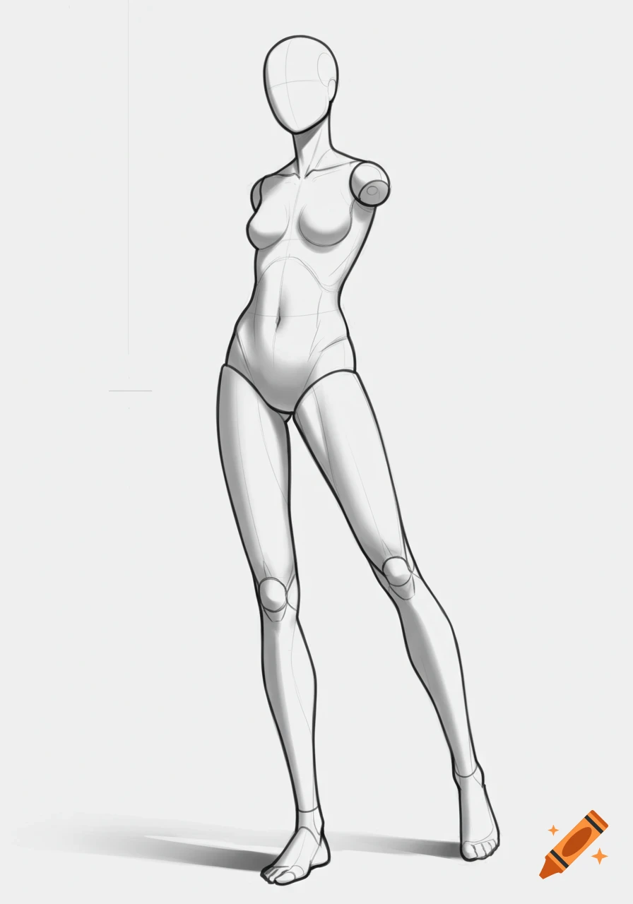 A black and white line art sketch of a thin female mannequin in a standing pose, used for art drawing and anatomy study.