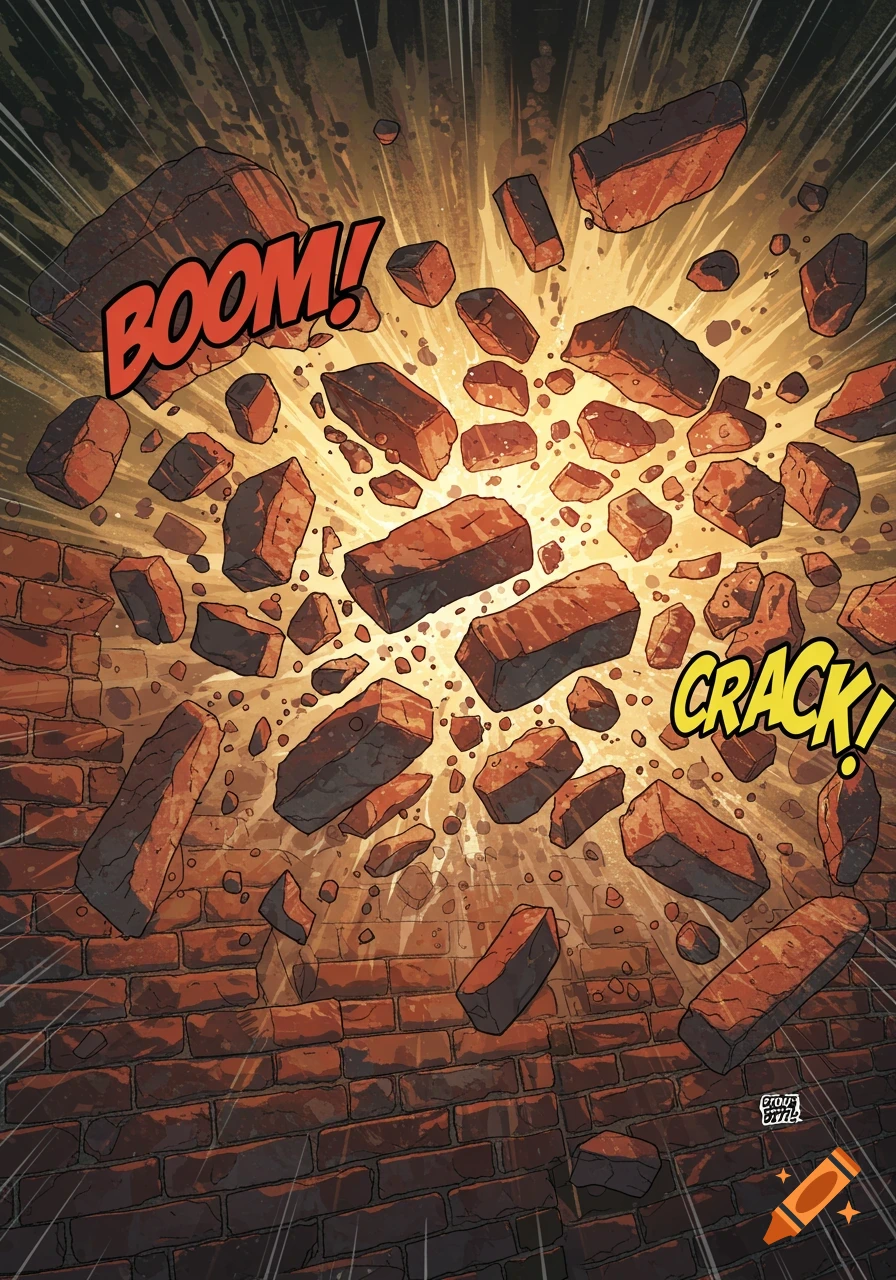 A comic book splash page showing a brick wall exploding with debris and sound effects 'BOOM!' and 'CRACK!'.