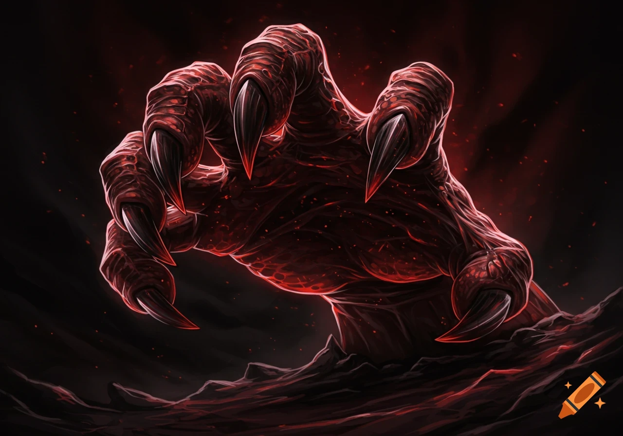 A menacing, red, clawed monster hand emerges from dark, glowing ground in a spooky, illustrative style.