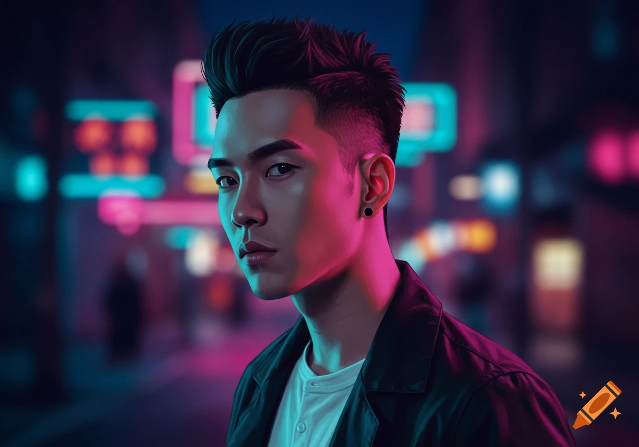 A young man with spiky hair and an earring looks forward, illuminated by pink and blue neon lights in an urban setting. Close-up portrait.