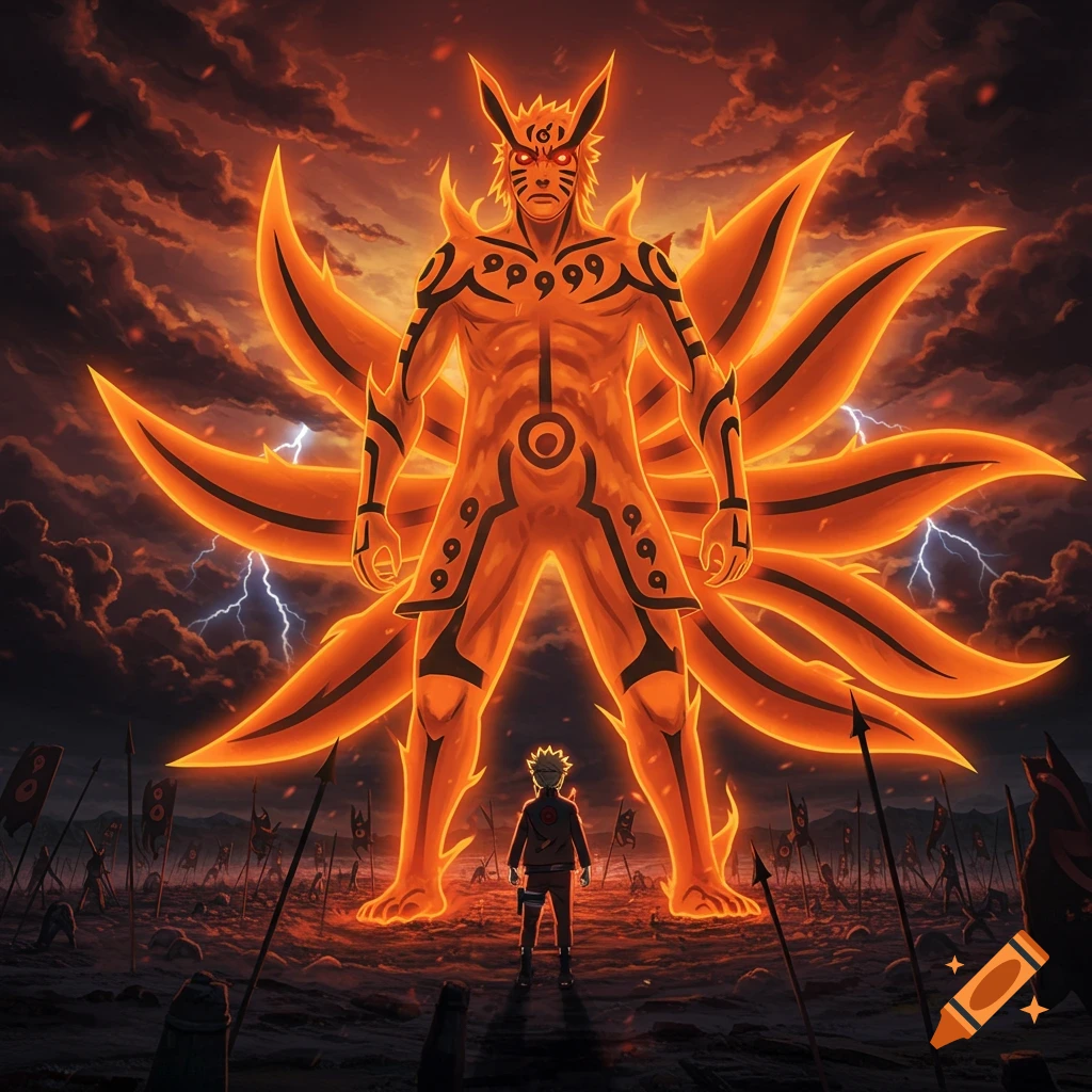 Naruto Uzumaki stands before a giant, glowing orange nine-tailed fox chakra form, illuminated by an fiery orange sky with lightning, set on a battlefield with spears.