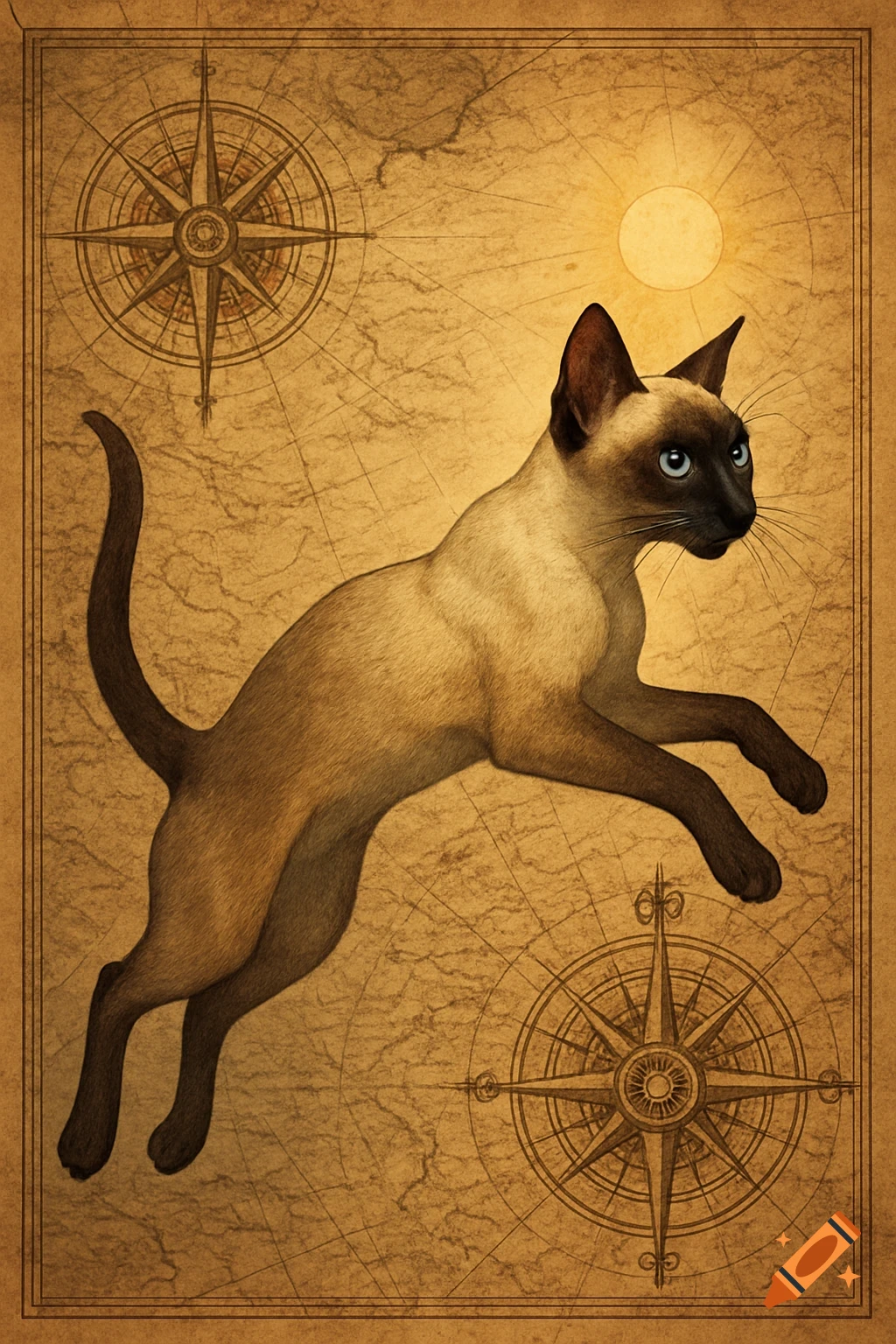 A Siamese cat jumps over an old world map background with compass roses and a sun.
