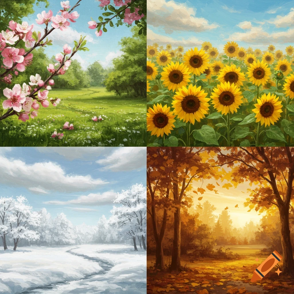 A four-part painting depicting the changing seasons: spring blossoms, a summer sunflower field, a winter snowy landscape, and an autumn forest with falling leaves.