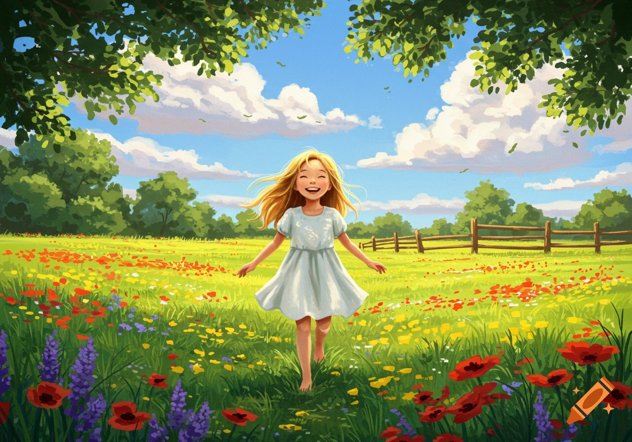 Happy blonde girl in a white dress runs barefoot through a vibrant field of colorful flowers under a bright blue sky.
