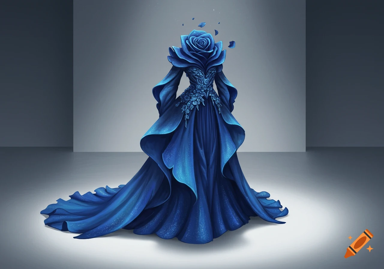 Dark blue haute couture gown with a rose headpiece and flowing, glittery fabric, against a gray background.
