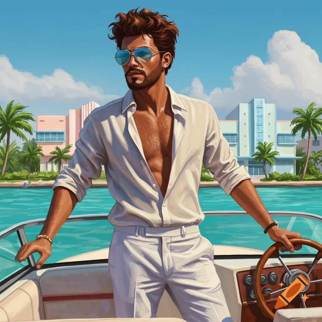 Stylized illustration of a cool man with a beard and sunglasses, standing on a boat in Miami with Art Deco buildings in the background.