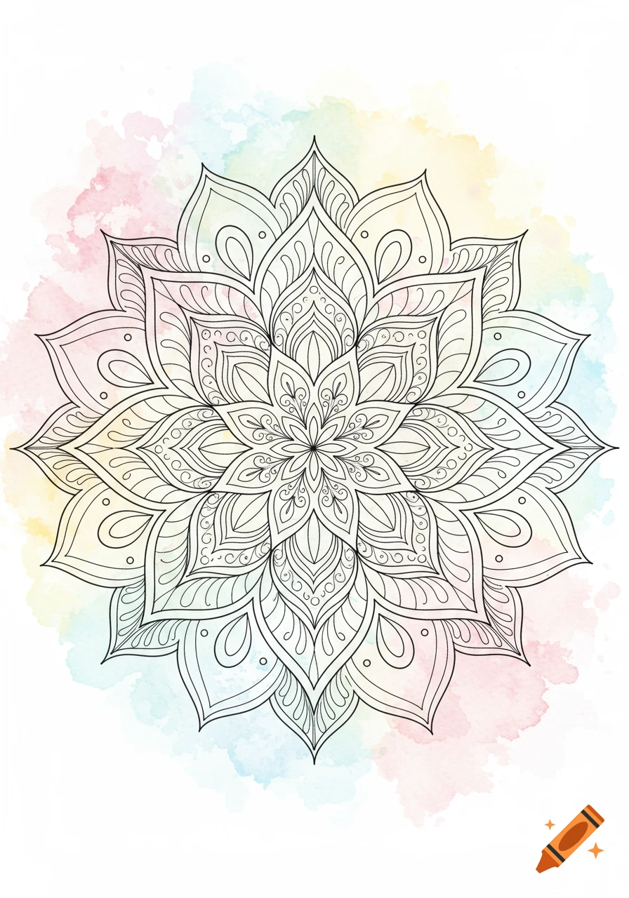 A detailed symmetrical mandala outline drawing with intricate patterns, set against a soft, colorful pastel watercolor background.