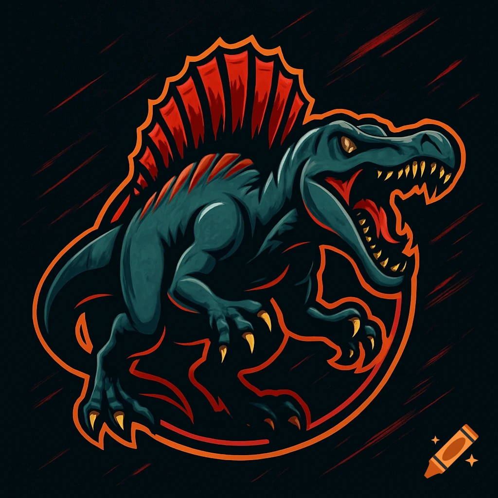 A stylized dark green spinosaurus with a large red and orange fin, sharp teeth, and an orange outline on a dark background.