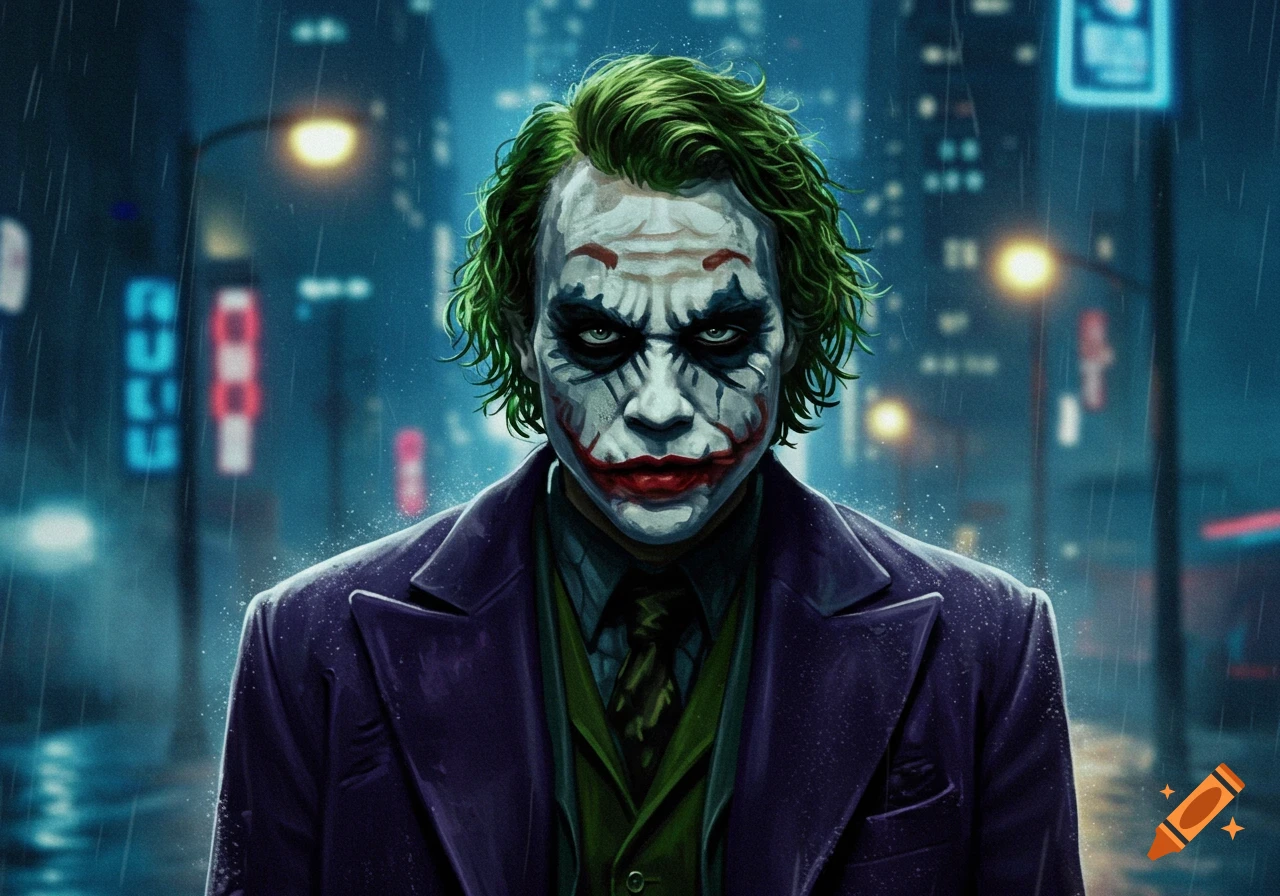 A detailed front-facing portrait of the Joker with green hair and iconic makeup, wearing a purple coat, standing in the rain at night with blurry city lights in the background.