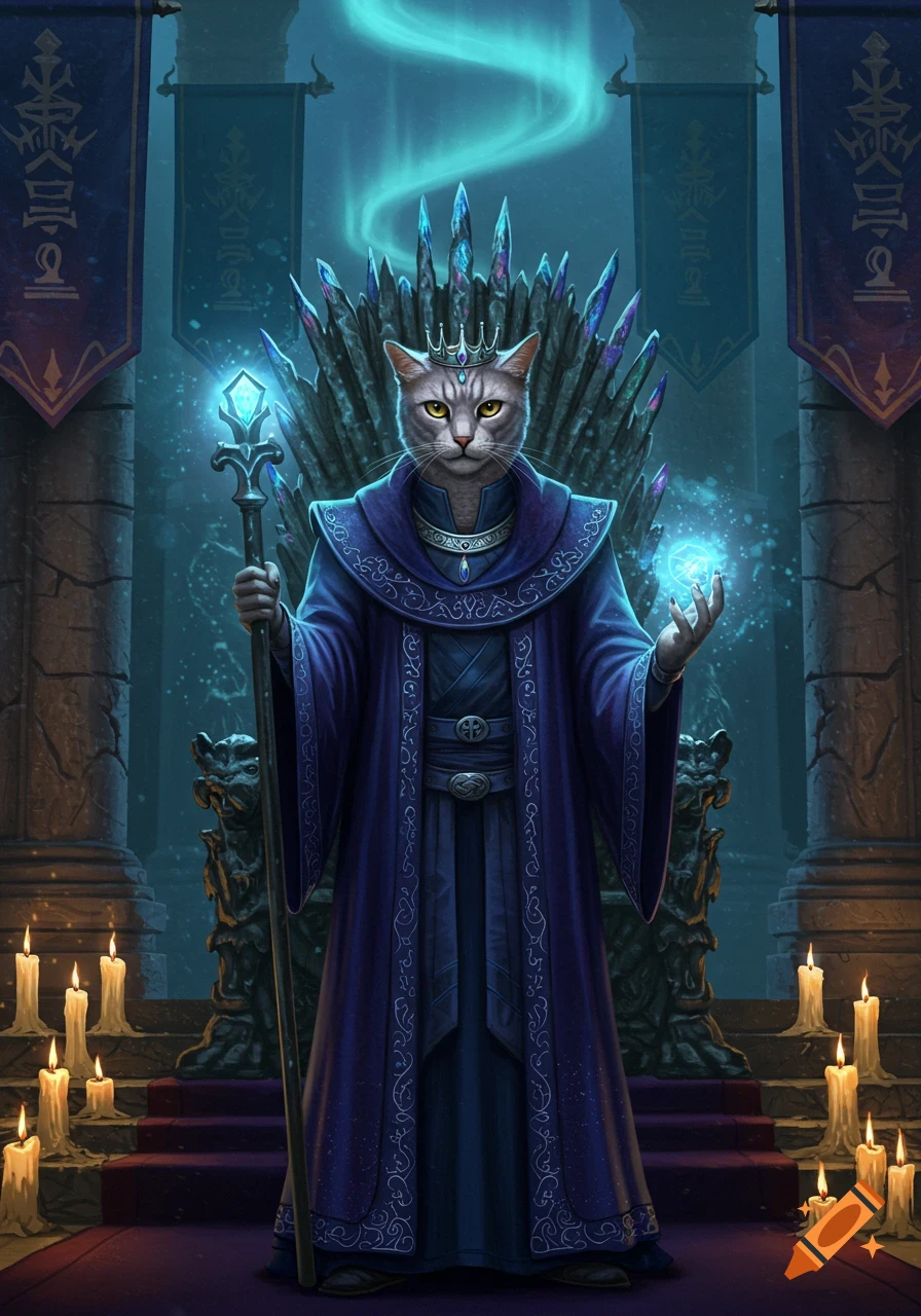 A majestic cat king in a purple robe holds a glowing staff and magic orb in a dark, candlelit throne room.