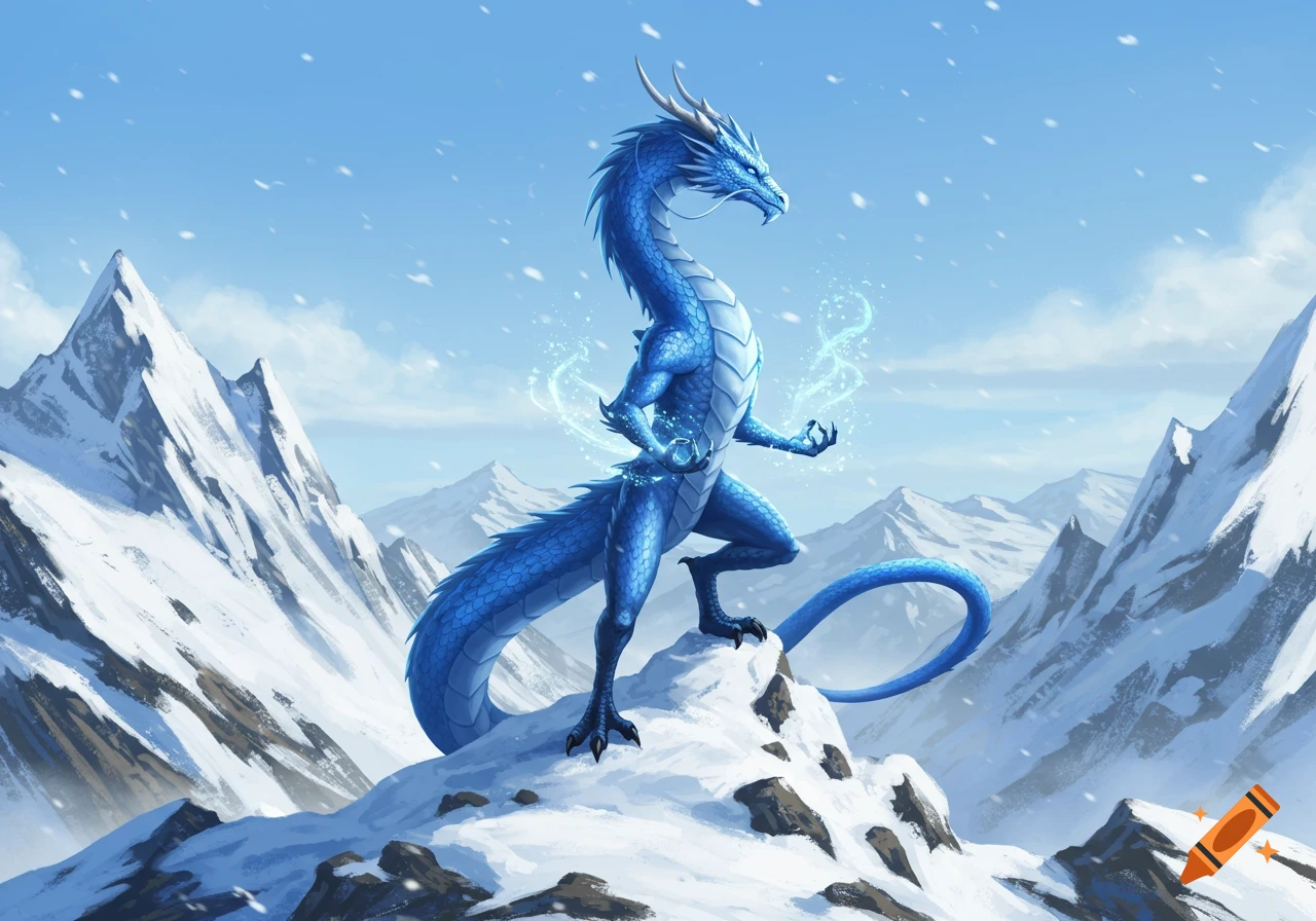 A majestic blue dragon with glowing energy stands on a snowy mountain peak under a clear sky.