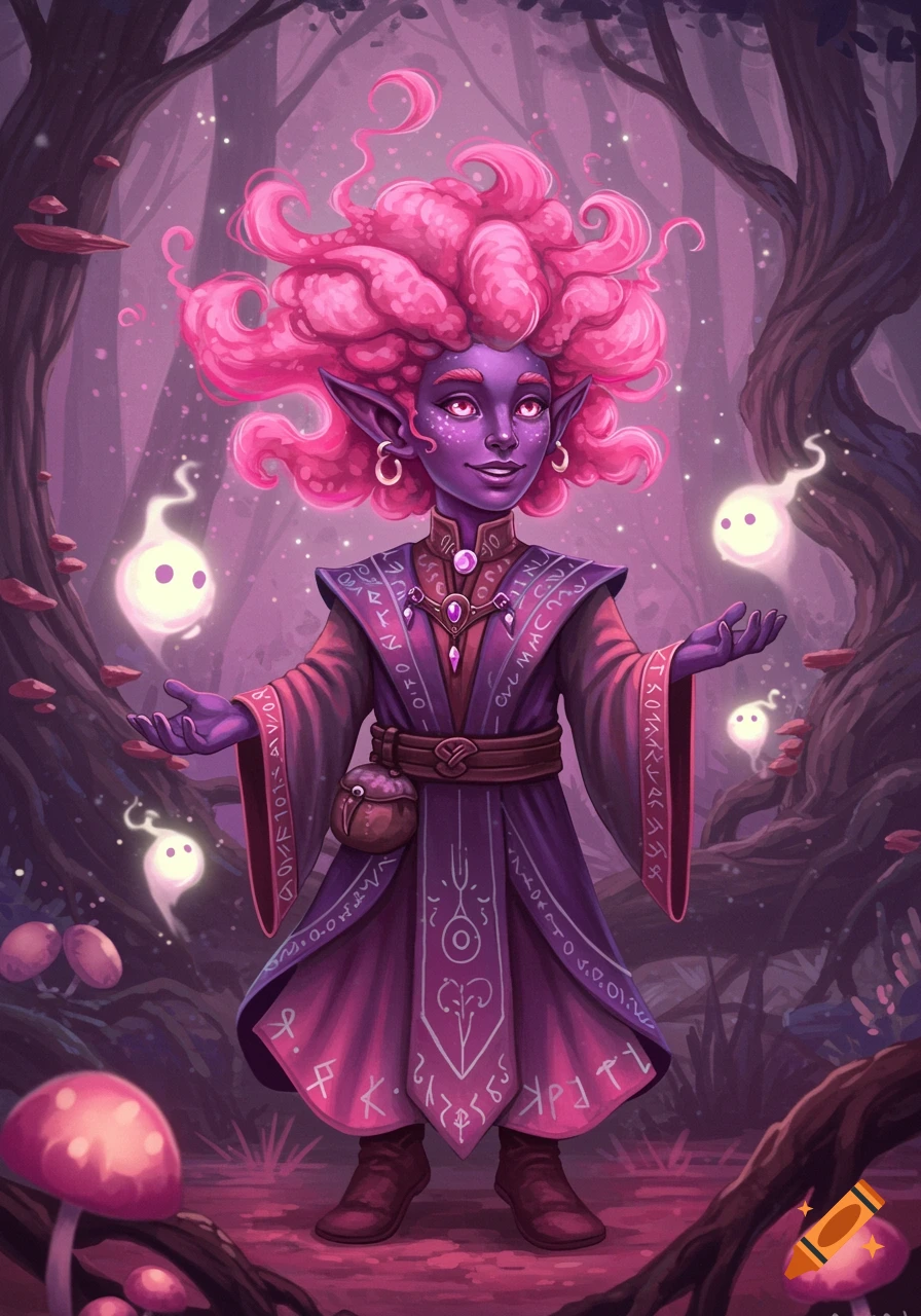 A purple-skinned gnome sorcerer with pink hair and a purple robe stands in a magical forest with glowing spirits.