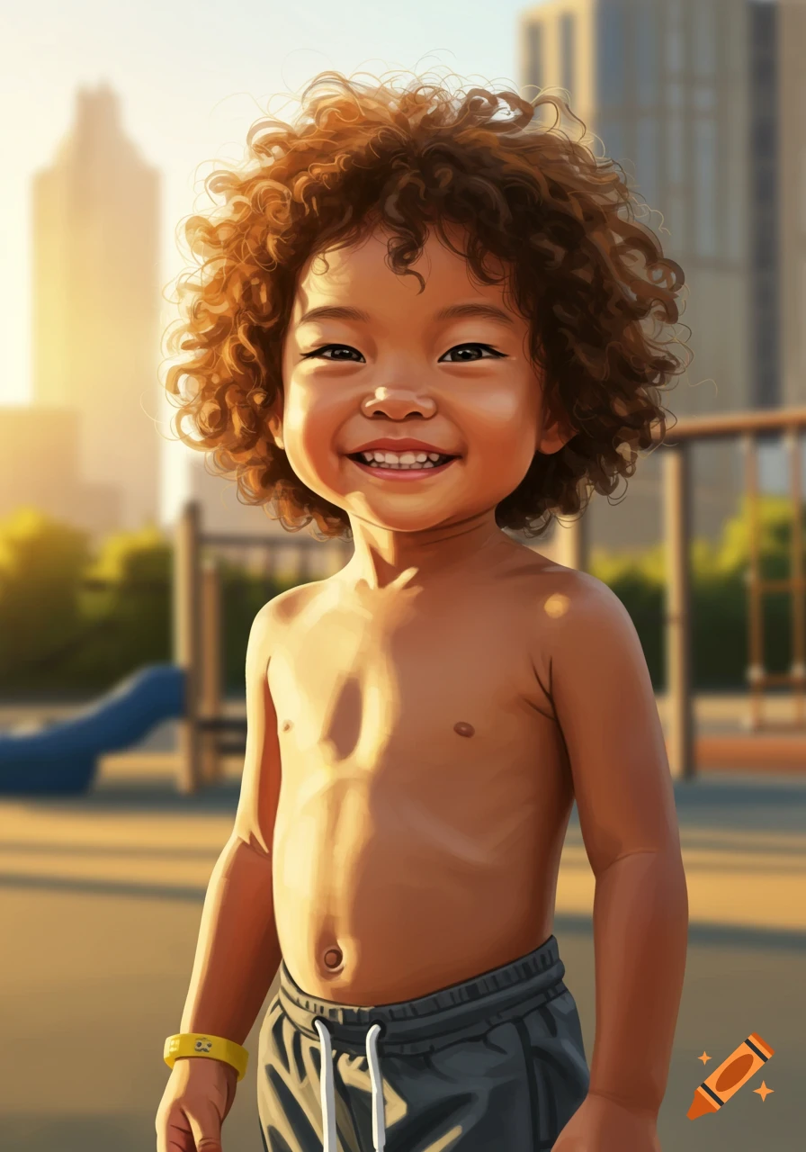 A smiling young child with curly brown hair and dark eyes wears shorts and a yellow bracelet at a sunny outdoor playground, in a digital painting style.