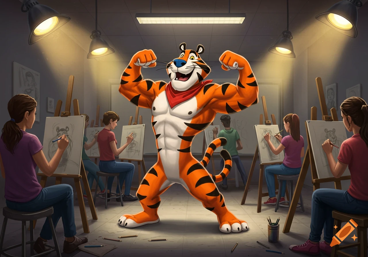 Tony the Tiger, a muscular cartoon tiger, flexes for students drawing him in an art class.