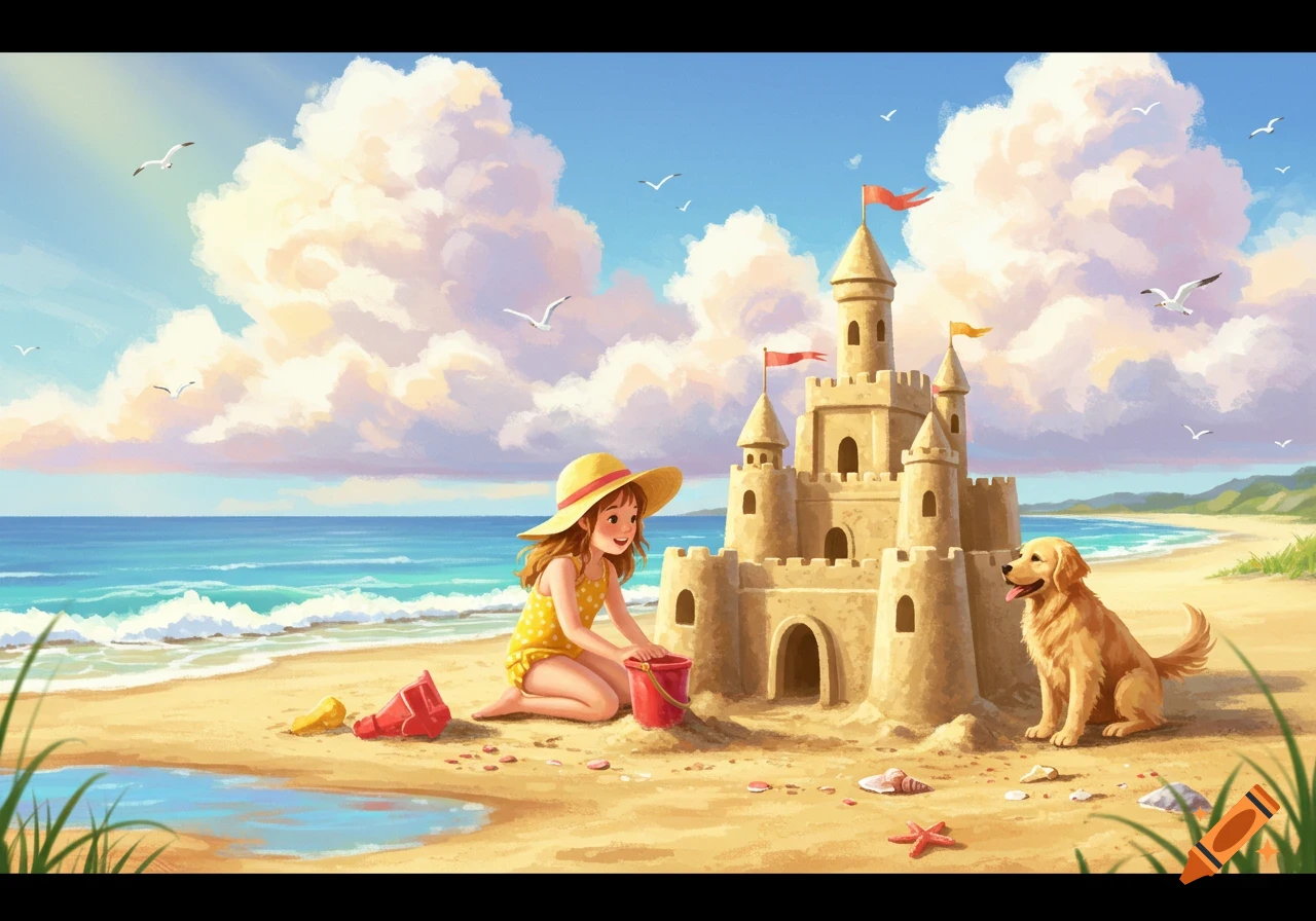 A smiling girl in a yellow swimsuit builds a sandcastle on a sunny beach with a golden retriever watching.