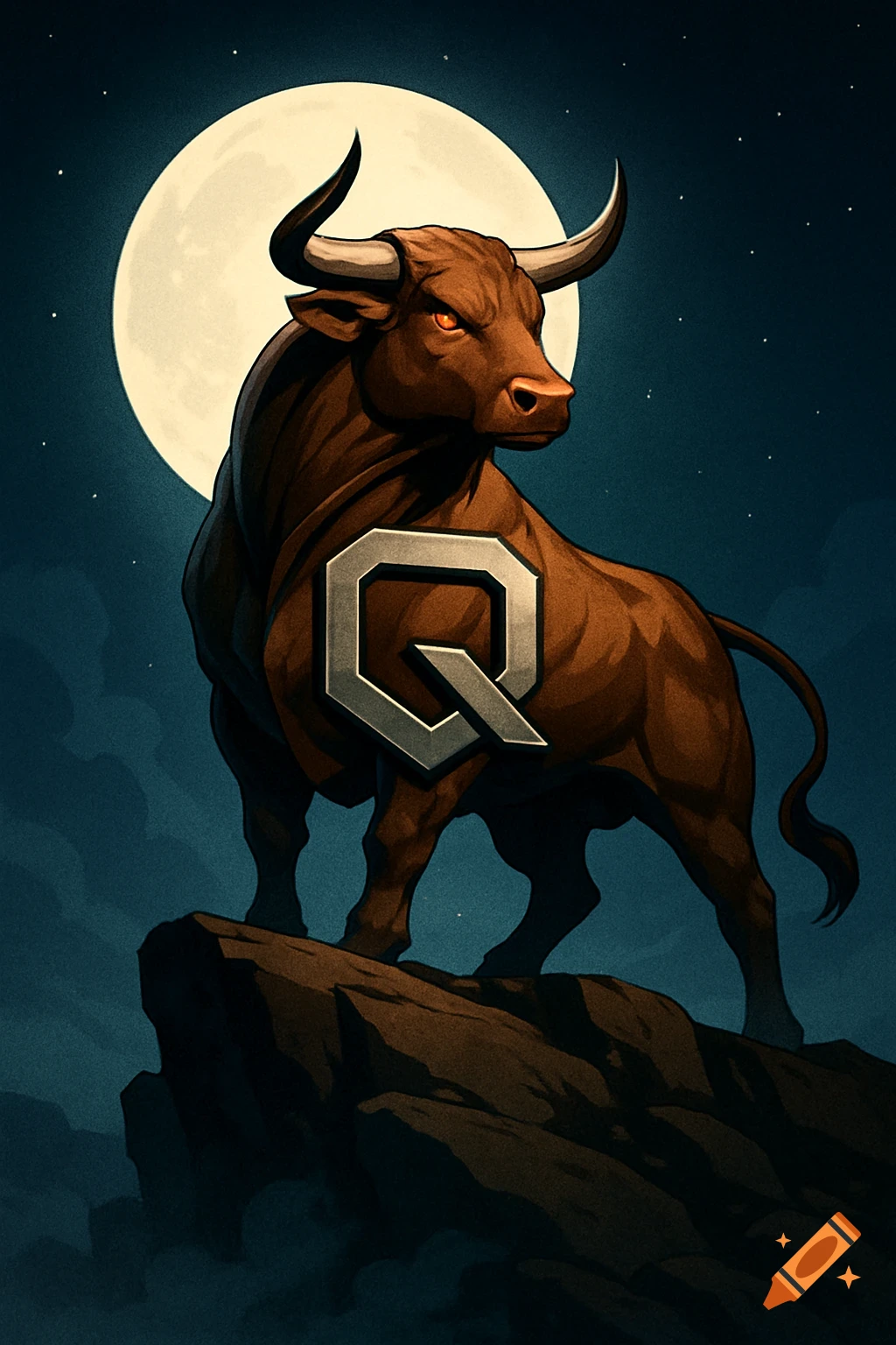 A powerful brown bull with red eyes and a metallic 'Q' logo stands on a cliff under a full moon at night in a stylized illustration.