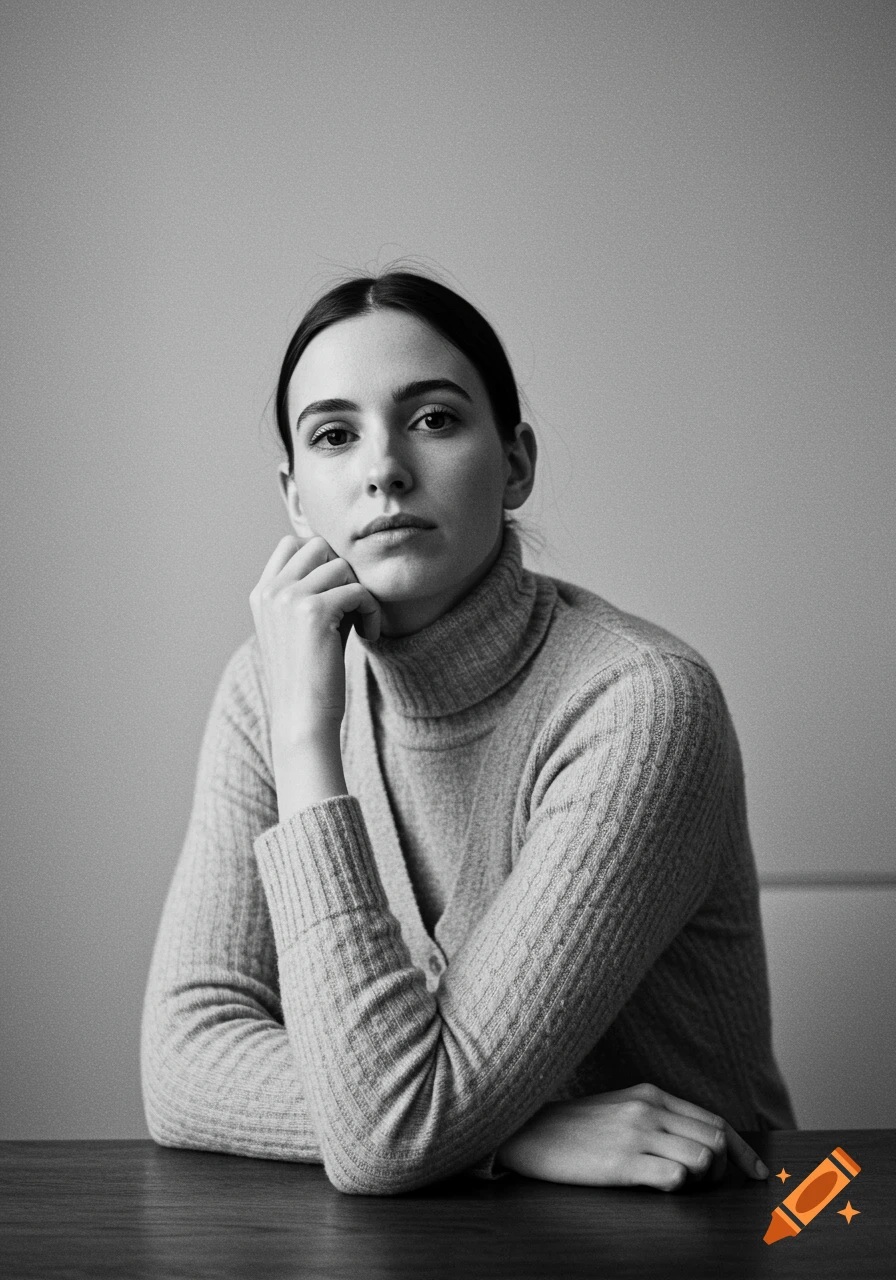 Black and white portrait of a young woman in a turtleneck, resting her chin on her hand at a table, looking forward.