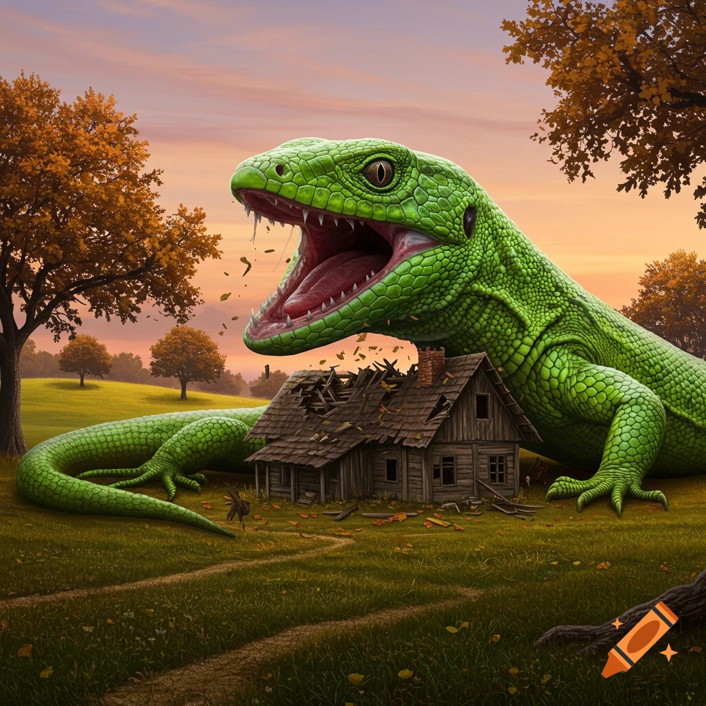 A colossal green lizard with an open mouth stands over a crumbling wooden house in a grassy field with autumn trees under a sunset sky.