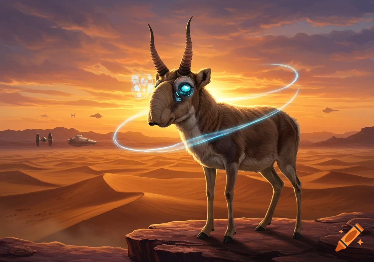 A cybernetic saiga stands on a rocky ledge in a desert at sunset, with Star Wars-like spacecraft in the background.
