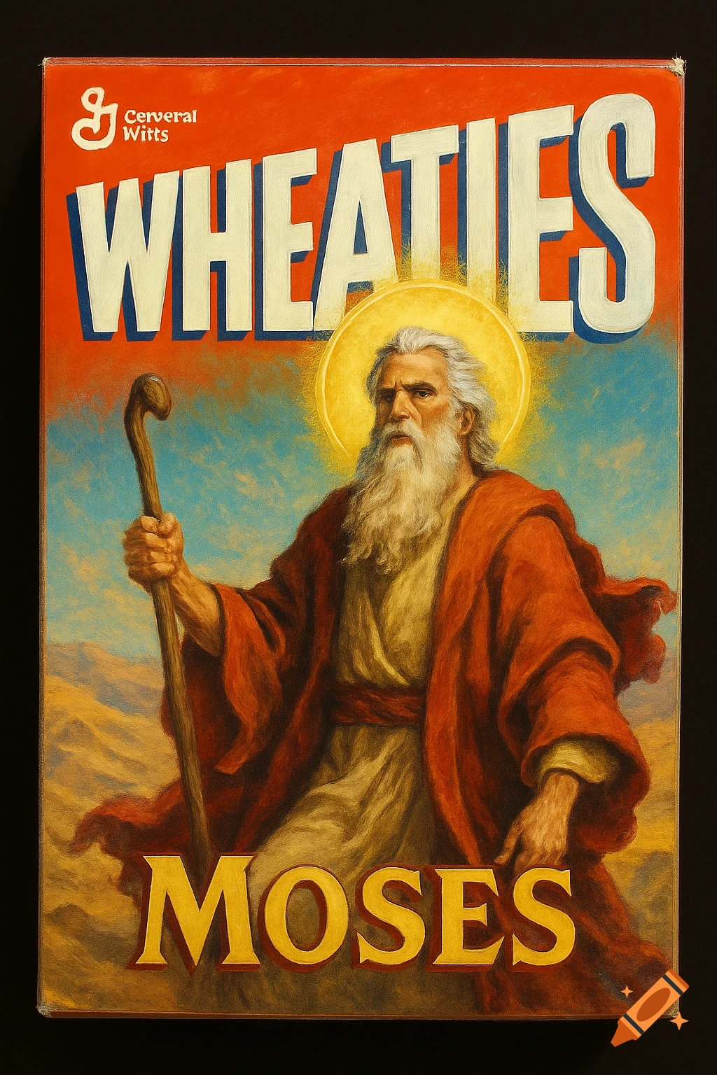 A Wheaties cereal box with a stylized depiction of Moses holding a staff on the front.