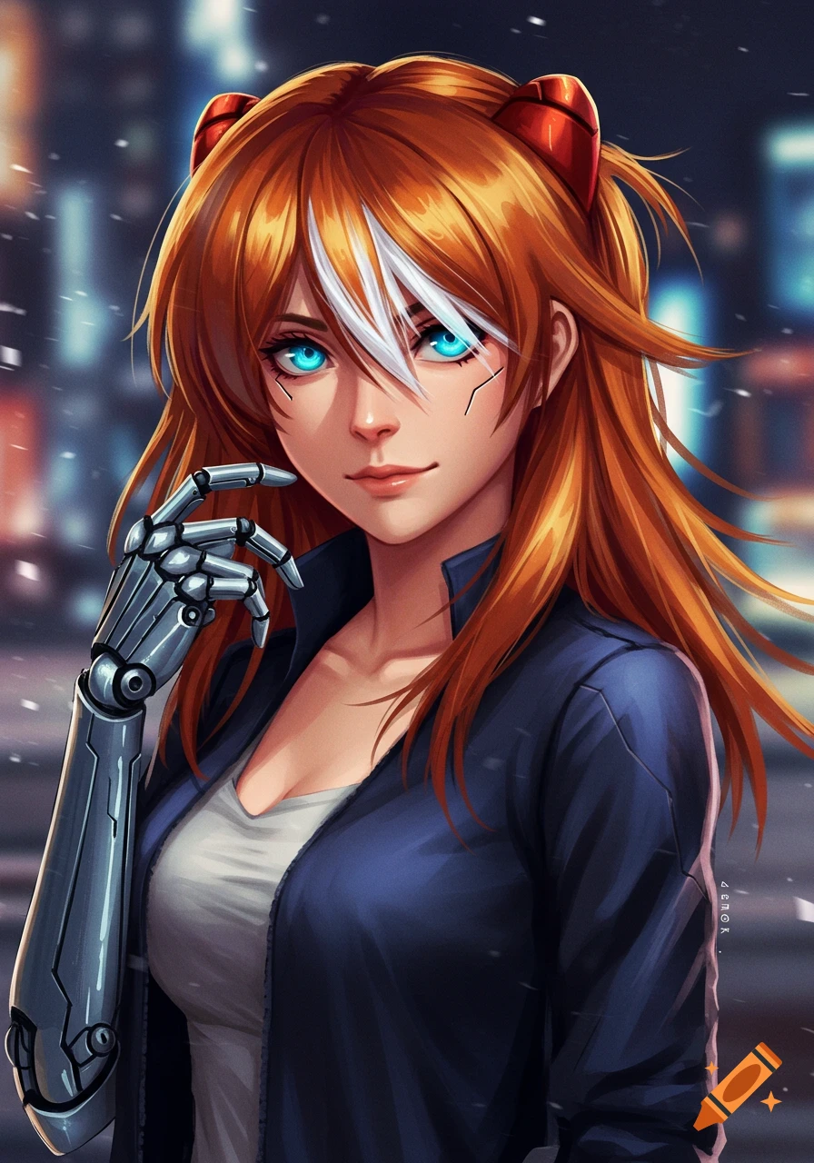 Anime illustration of Asuka Langley with red-orange hair, blue eyes, and a cybernetic arm, set against a blurred night city background.