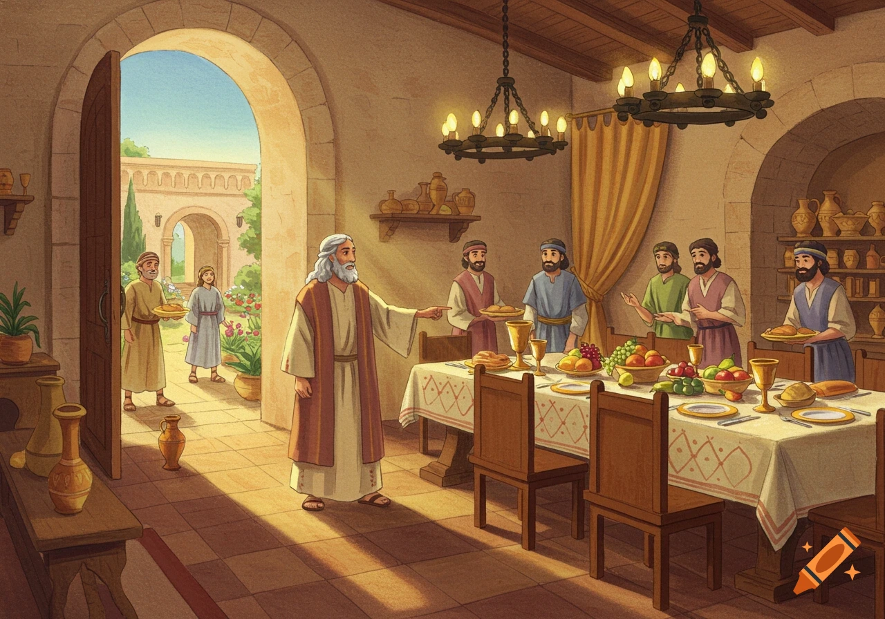 Storybook illustration of a master and servants preparing a banquet in a grand room, with a garden visible through an archway.