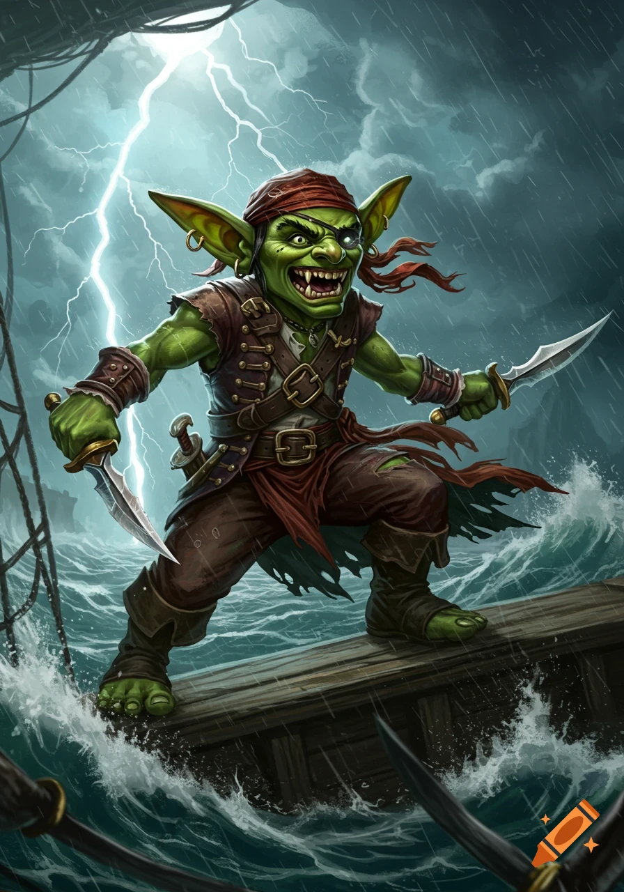 A fierce green goblin pirate with daggers stands on a stormy ship deck under lightning.