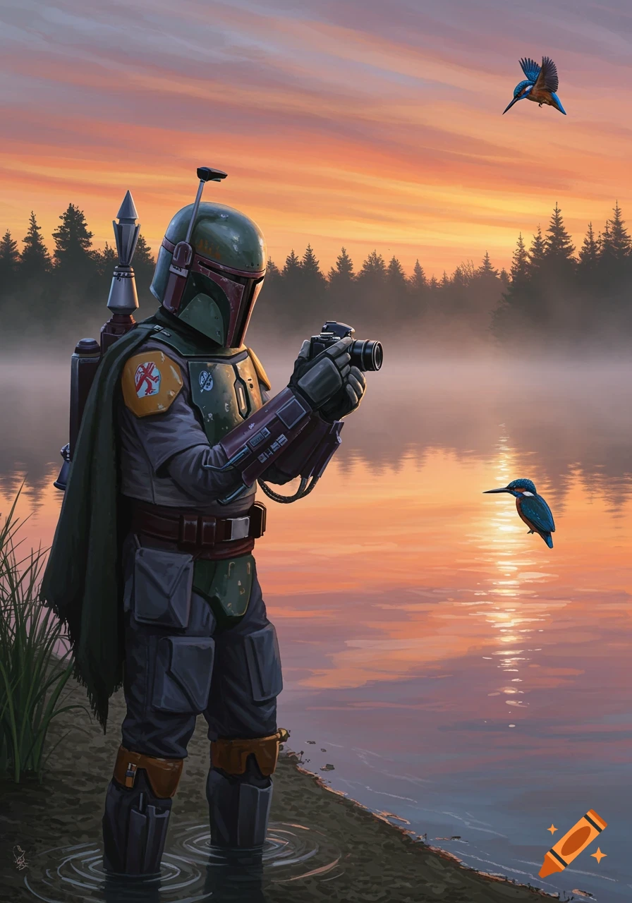 Boba Fett from Star Wars stands by a misty lake at sunrise, photographing a kingfisher.